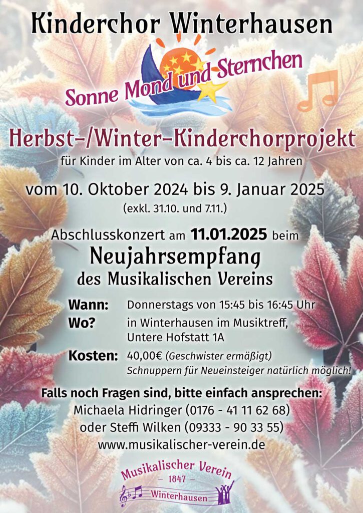 Das neue Herbst-/Winter-Kinderchorprojekt 2024/2025 für Kinder im Alter von ca. 4 bis ca. 12 Jahren findet statt vom 10. Oktober 2024 bis 9. Januar 2025 (exkl. 31.10. und 7.11.) jeweils donnerstags von 15:45 bis 16:45 Uhr im Musiktreff in Winterhausen.