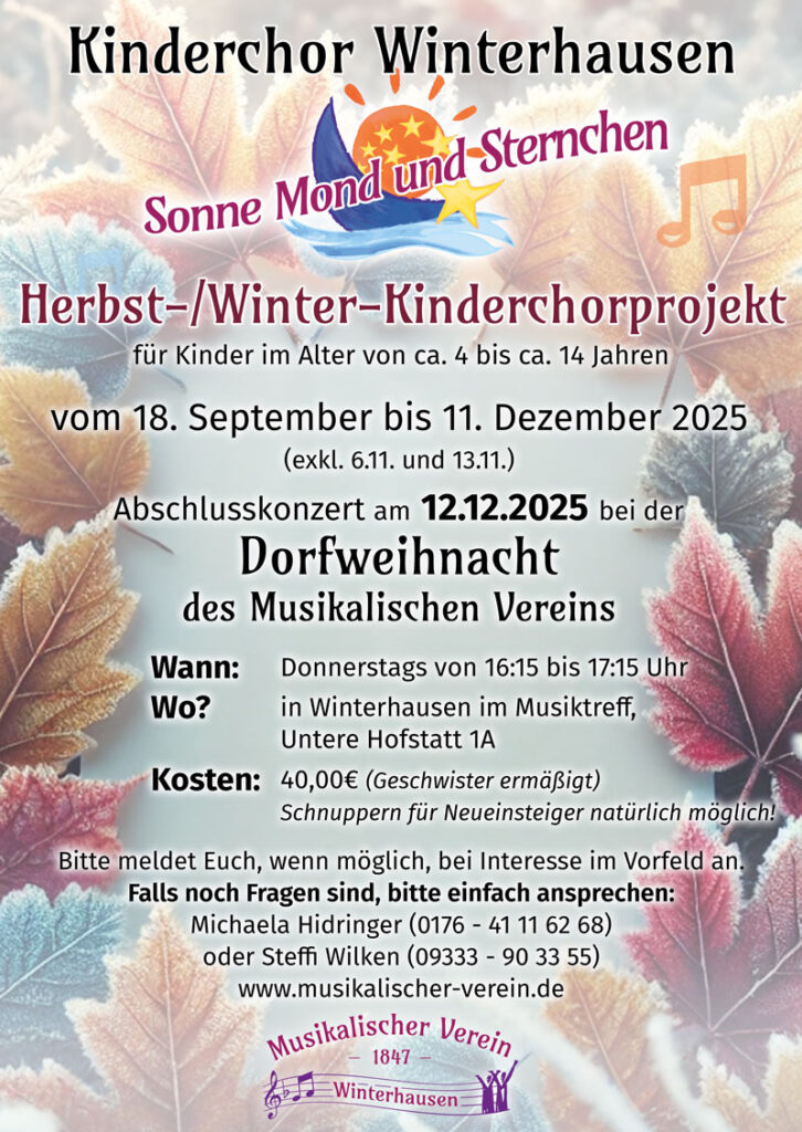 Das neue Herbst-/Winter-Kinderchorprojekt 2025 für Kinder im Alter von ca. 4 bis ca. 14 Jahren findet statt vom 18. September bis 11. Dezember 2025 (exkl. 6.11. und 13.11.) jeweils donnerstags von 16:15 bis 17:15 Uhr im Musiktreff in Winterhausen.
