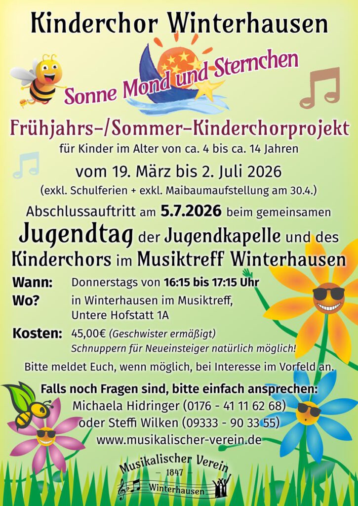 Das neue Frühjahrs-/Sommer-Kinderchorprojekt 2026 für Kinder im Alter von ca. 4 bis ca. 14 Jahren findet statt vom 19. März bis 2. Juli 2026 (exkl. Schulferien + exkl. Maibaumaufstellung am 30.4.) jeweils donnerstags von 16:15 bis 17:15 Uhr im Musiktreff in Winterhausen.